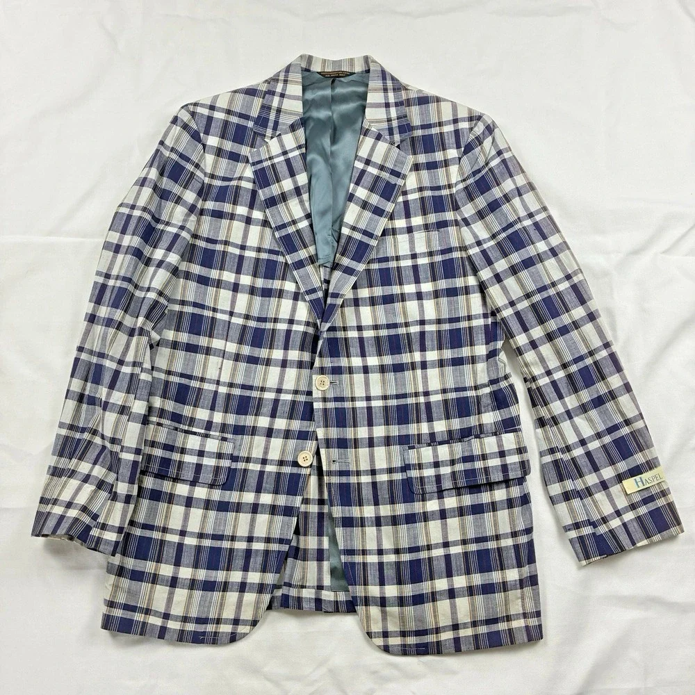 Madras Sport Coat Blue 40R Cotton Haspel Made in USA Deadstock VTG  80s Ivy Trad